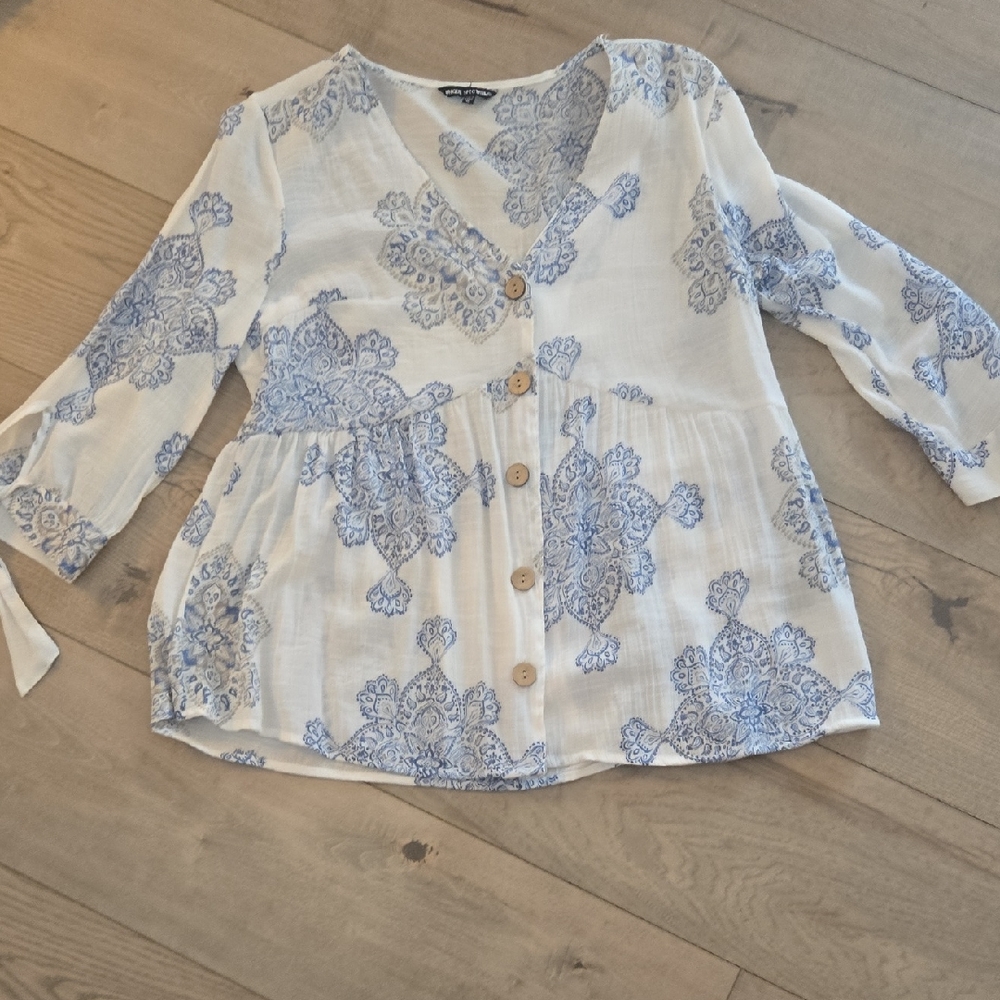 Womens Boho Gauze Top  With Tie 3/4 Sleeves Sz Med
